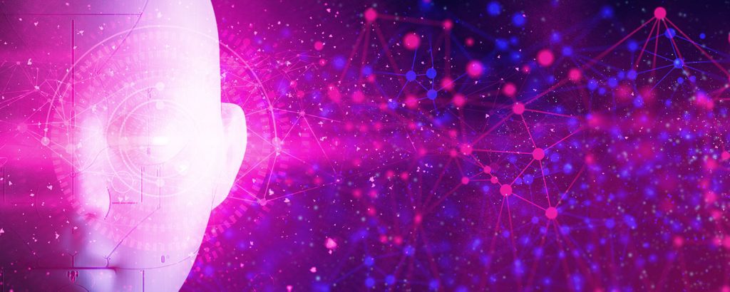Abstract image of a human head with a network of pink and purple digital connections extending outward.