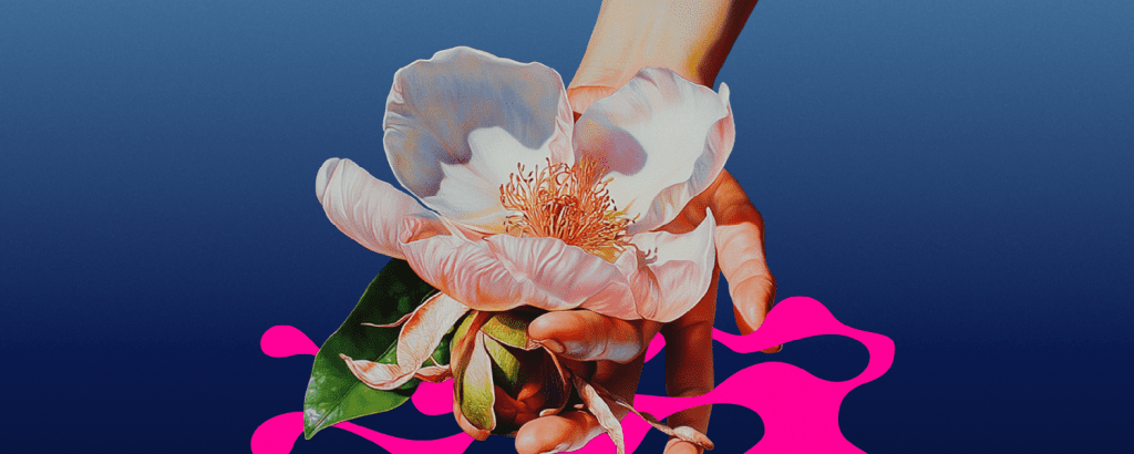 image of AI image with hand holding flower mixing real with AI