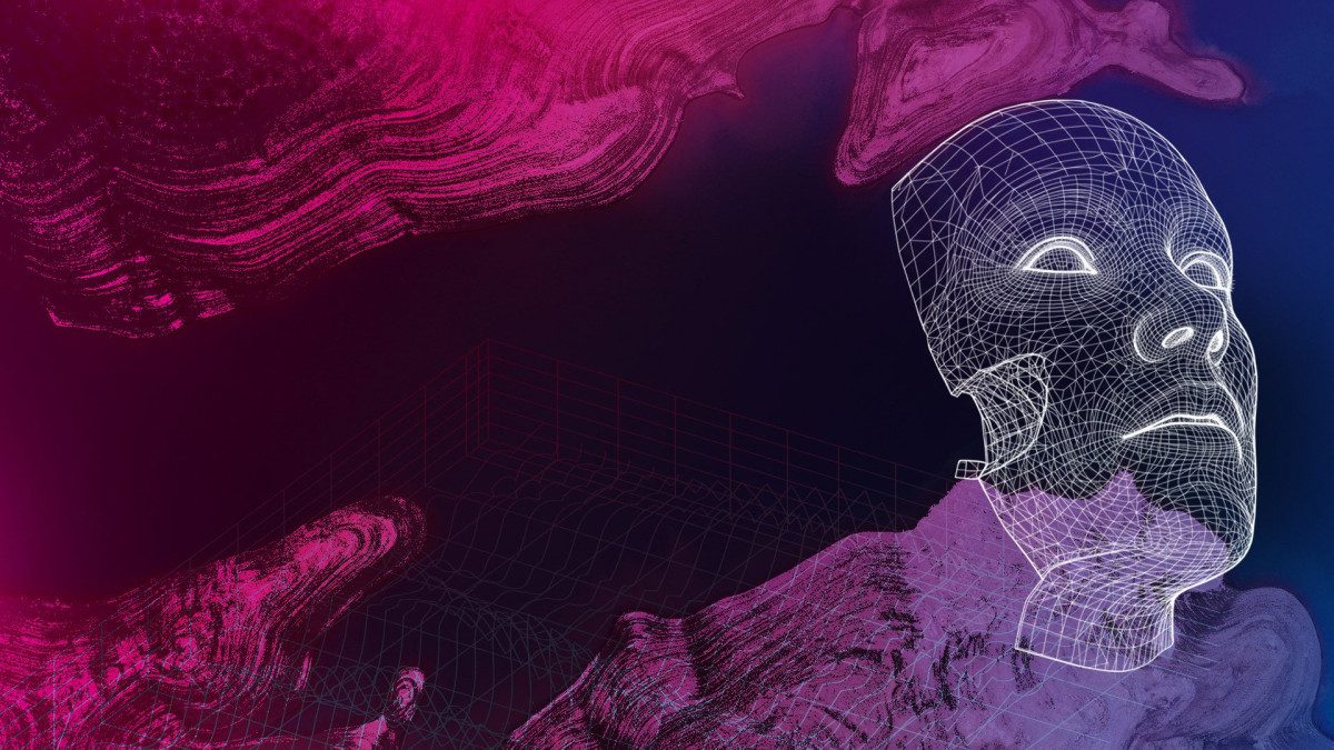 image of back pink and blue blending colors with AI tech image of a face