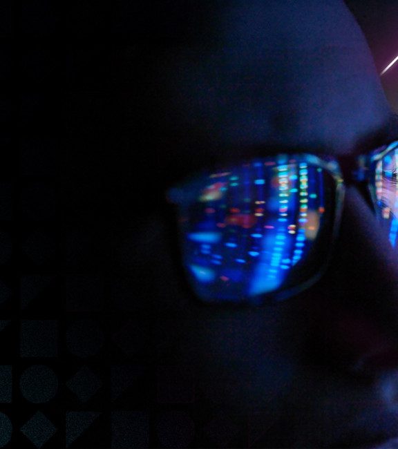 image of person with glasses neon shapes Hotwire PR consulting