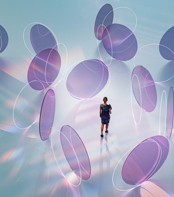image of woman with space discs around